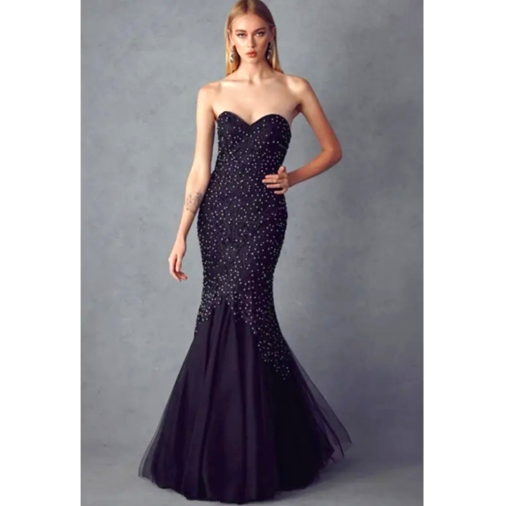 NWT Black Embroidered Mermaid Prom dress Medium And Small